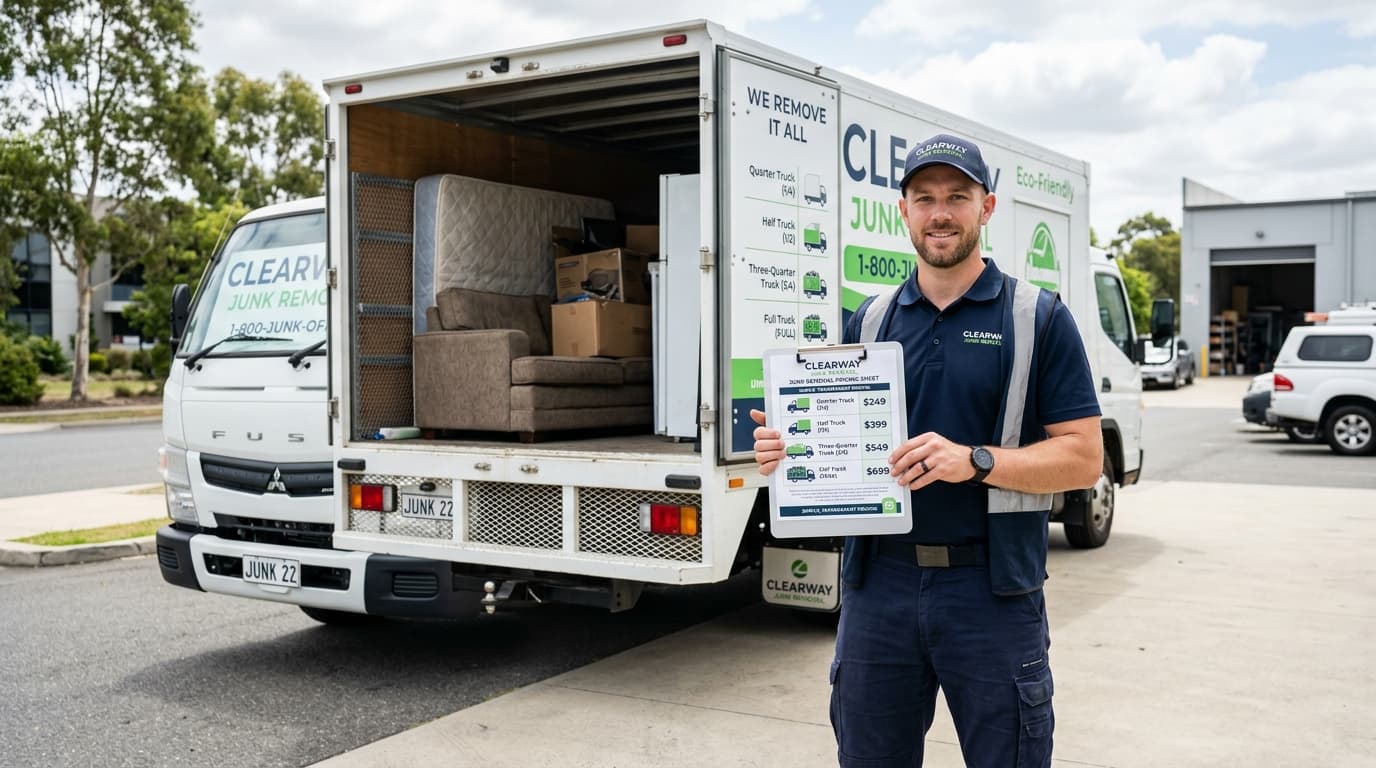 A junk removal operator with a branded truck holding a laminated transparent pricing sheet