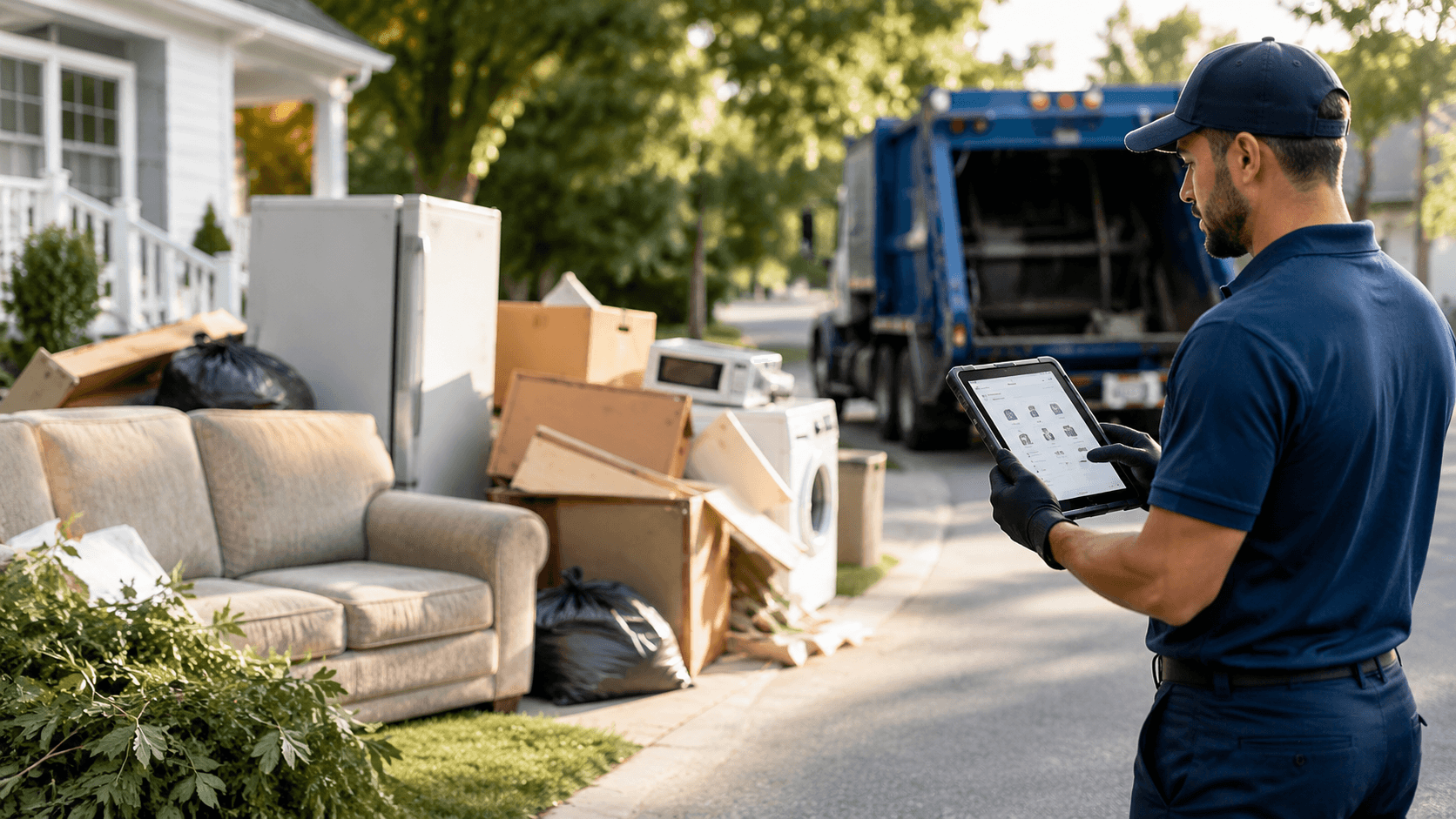 A junk removal specialist estimating a curbside pile of furniture and appliances