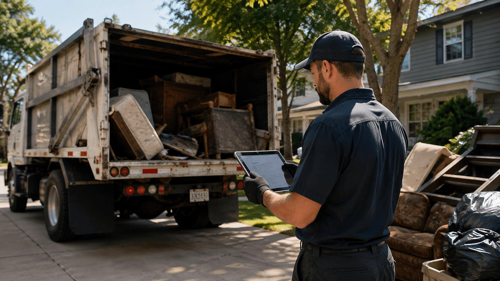 A junk removal business operator with truck and digital tool