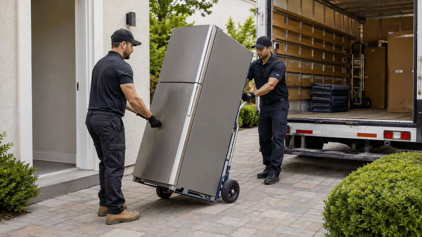 Two appliance hauling professionals moving a refrigerator on a dolly
