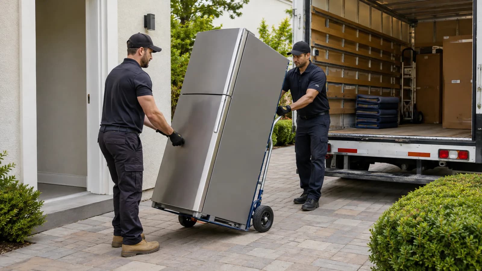 Two appliance hauling professionals moving a refrigerator on a dolly