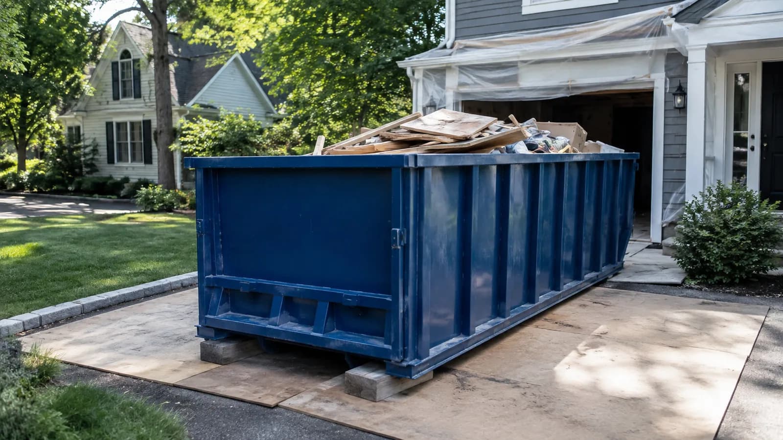A roll-off dumpster positioned on a protected residential driveway