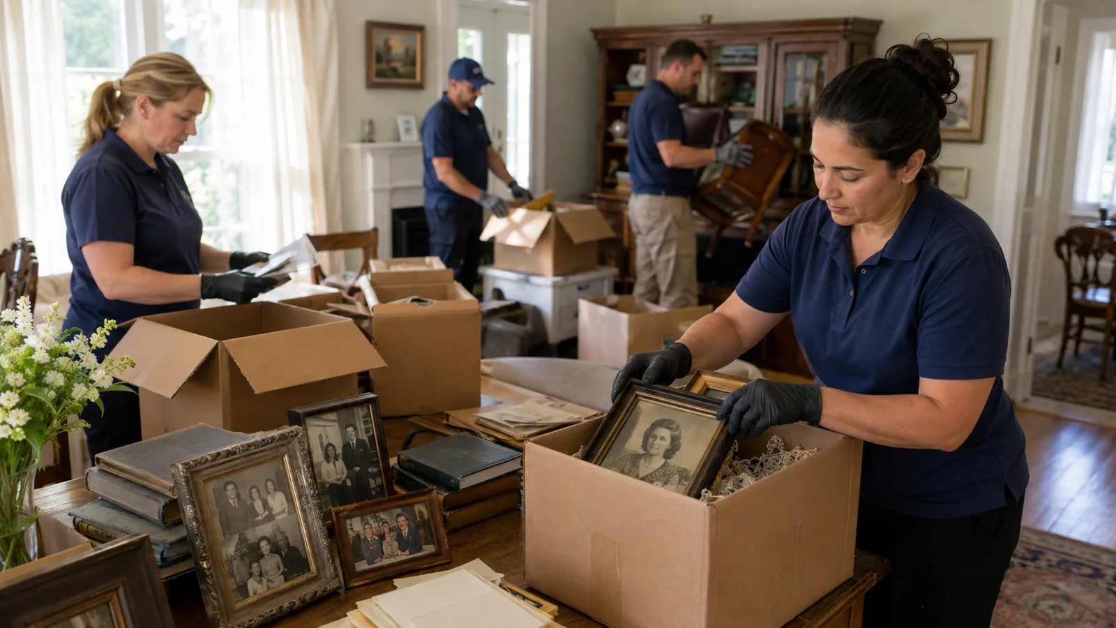 An estate cleanout team sorting photographs, books, and household belongings