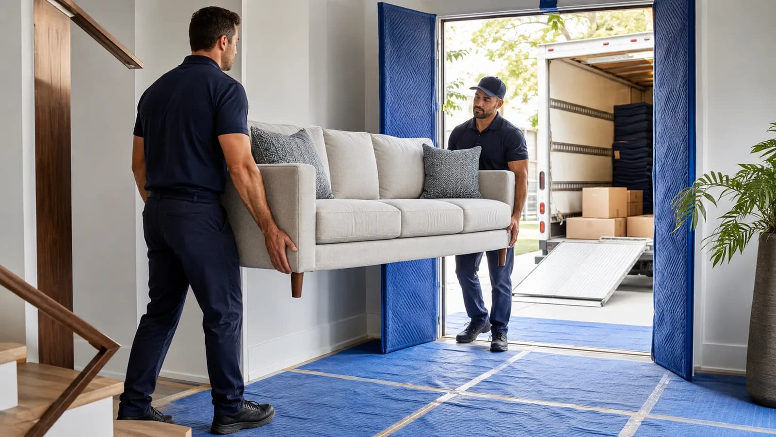 Two furniture removal professionals carrying a sofa toward a truck